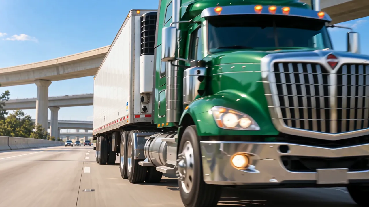 The green Jampac rig comes up the interstate under the overpasses, headlights on